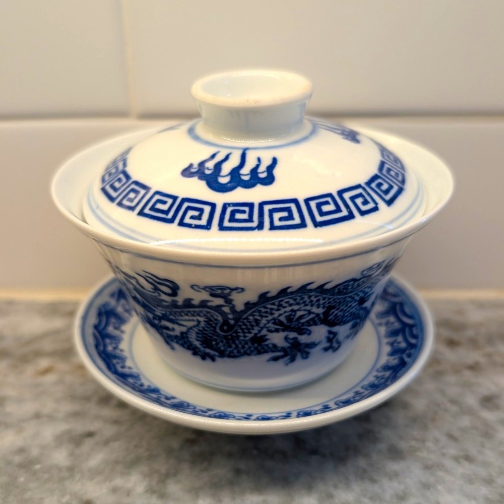 Vintage Jingdezhen Chinese Blue White Dragon Gaiwan Tea Cup Lid Saucer Marked